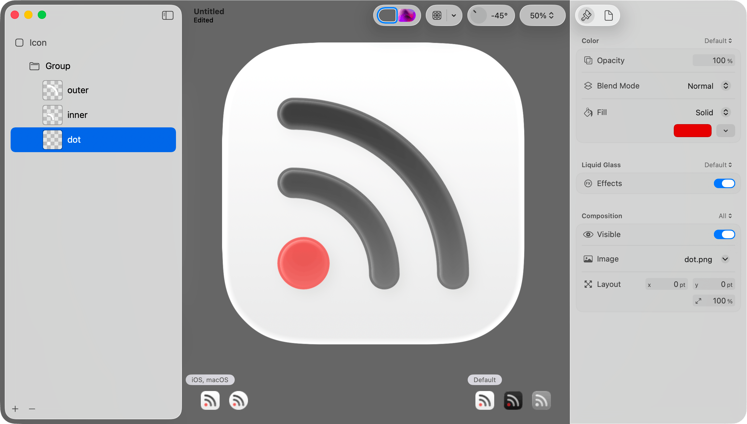 The Icon Composer window showing that colors for each layer in each icon version have been specified.