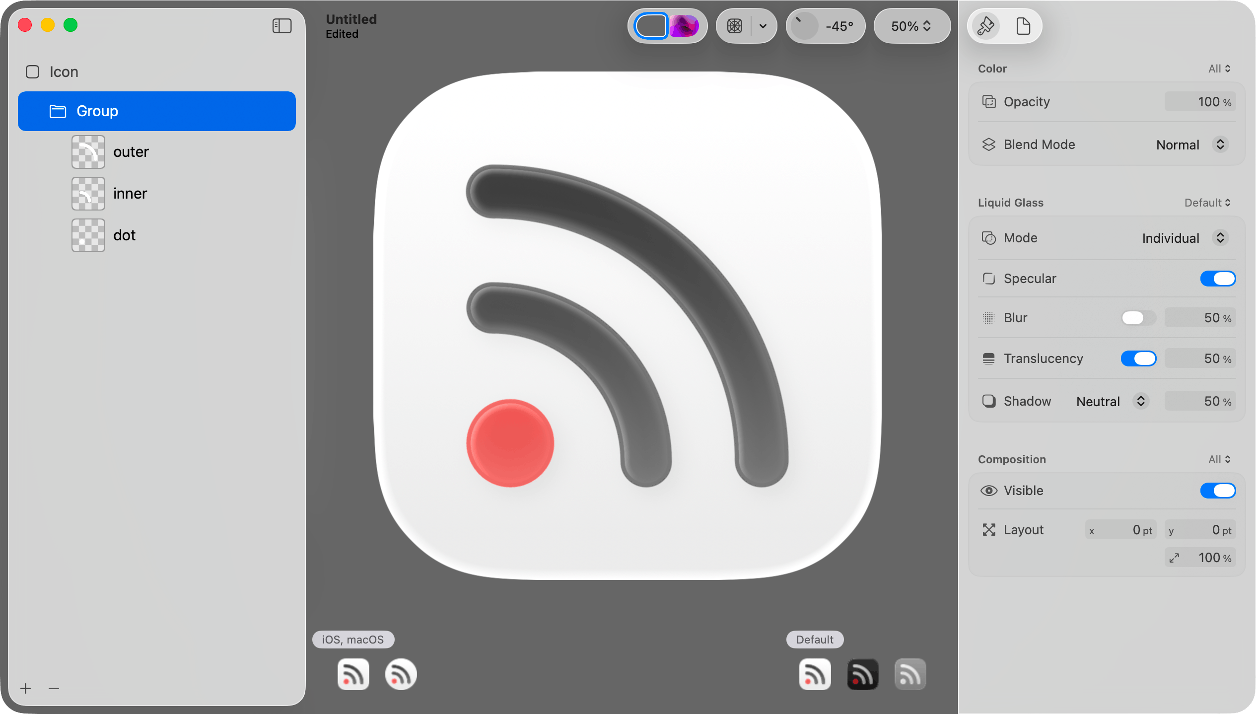 The icon in Icon Composer with the Group item selected in the sidebar. The inspector pane contains a variety of settings that apply to the group of layers.
