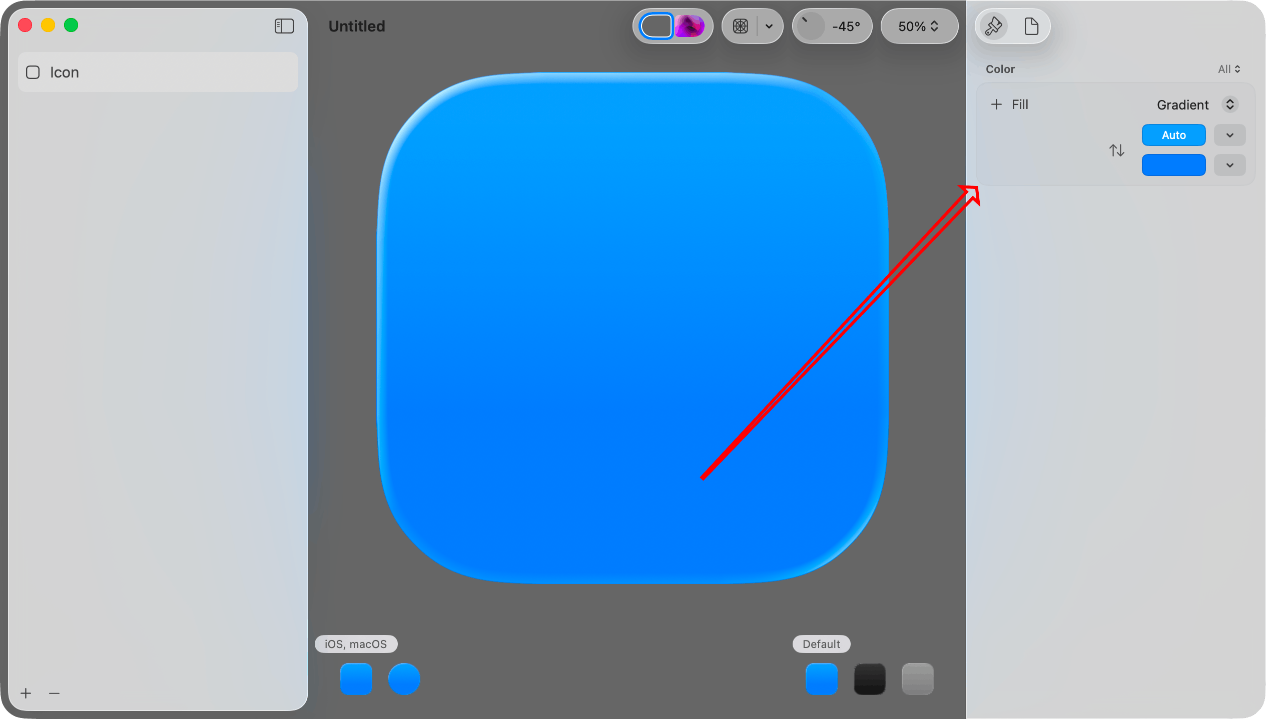 A screenshot of the Unread Composer view of a new icon. An arrow points to the Fill section in the upper right corner of the window.