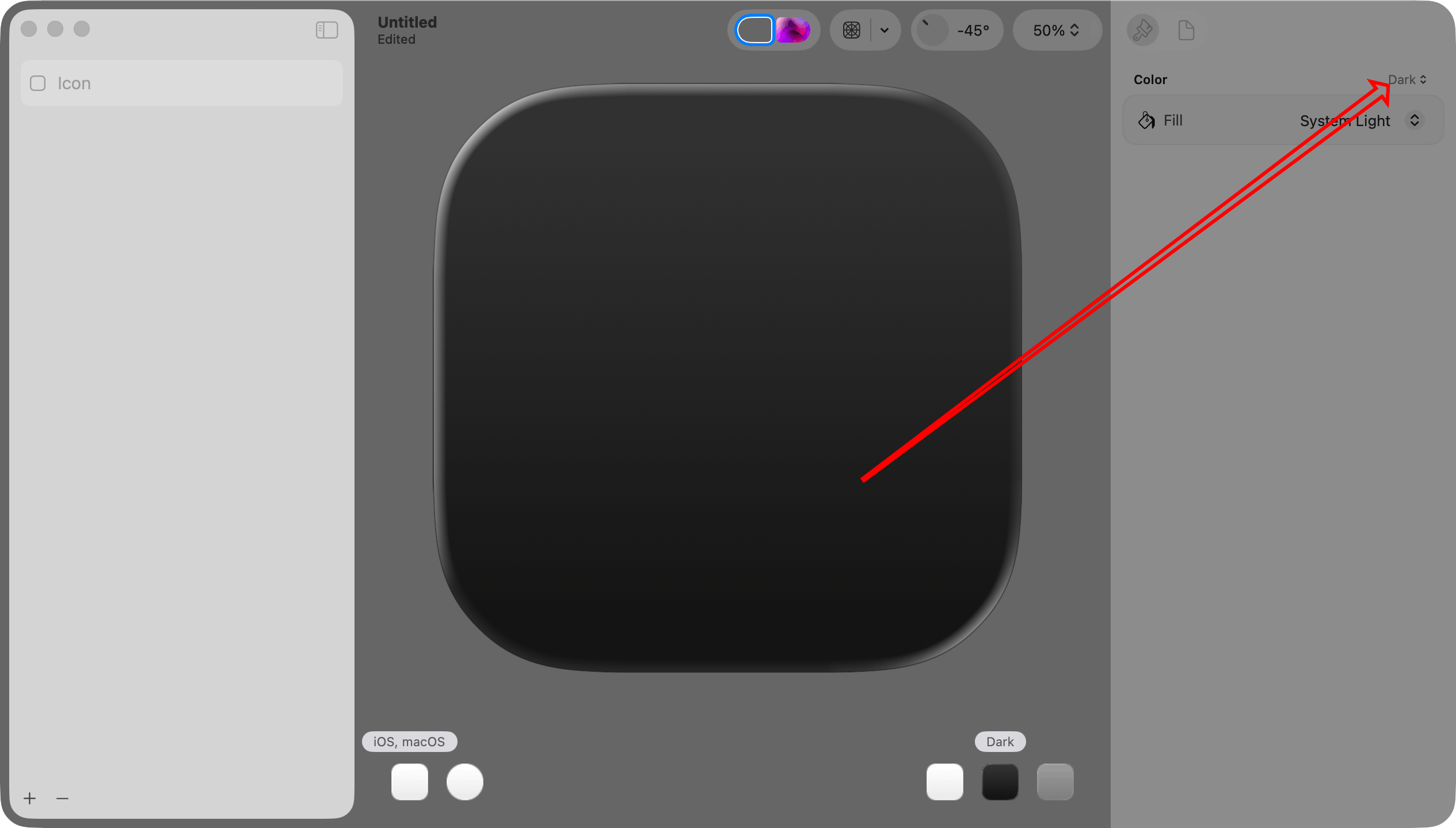 Points to the Color picker at the top right portion of the inspector pane on the right.