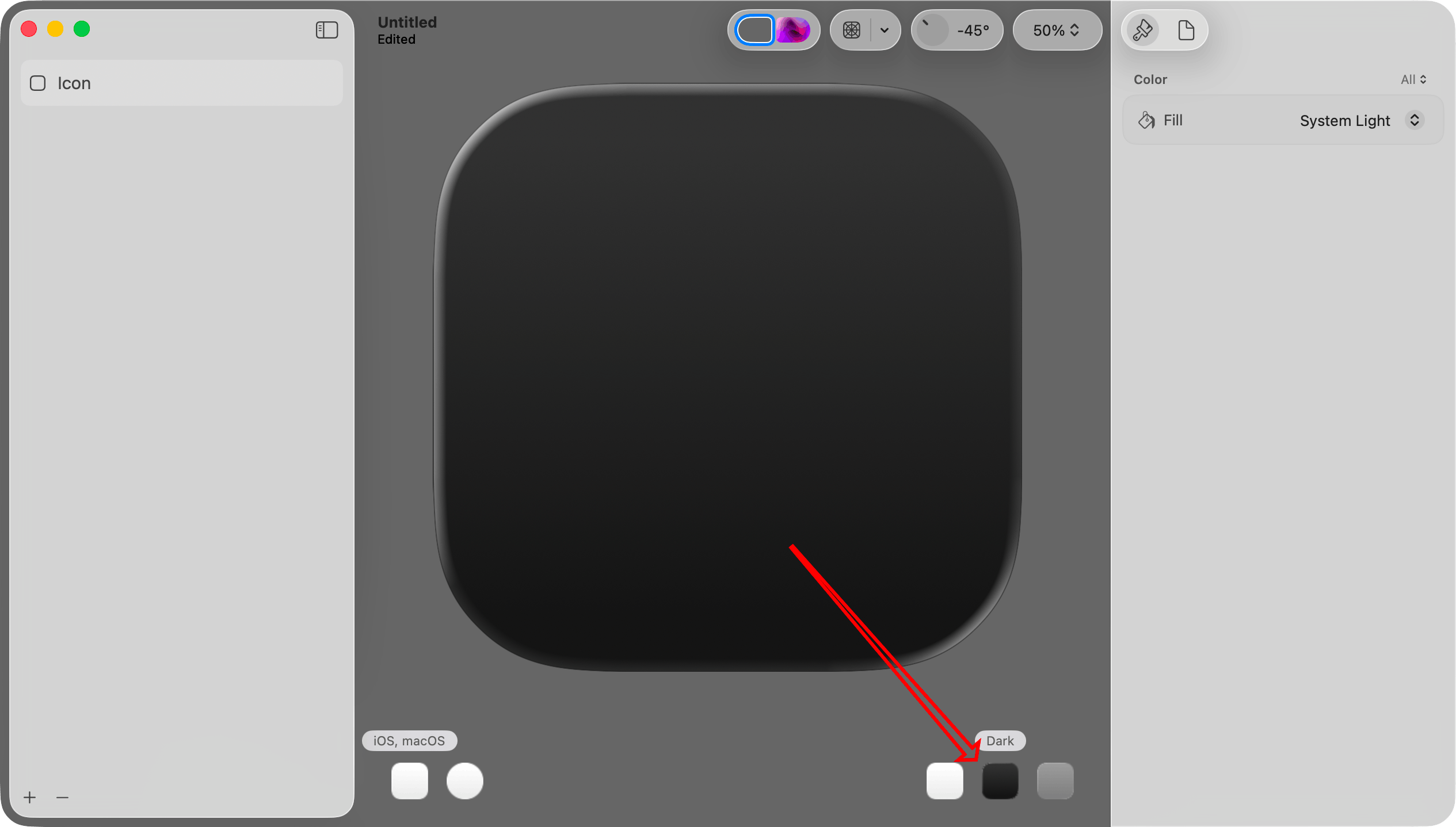 Points to the Dark mode setting at the lower right portion of the canvas.