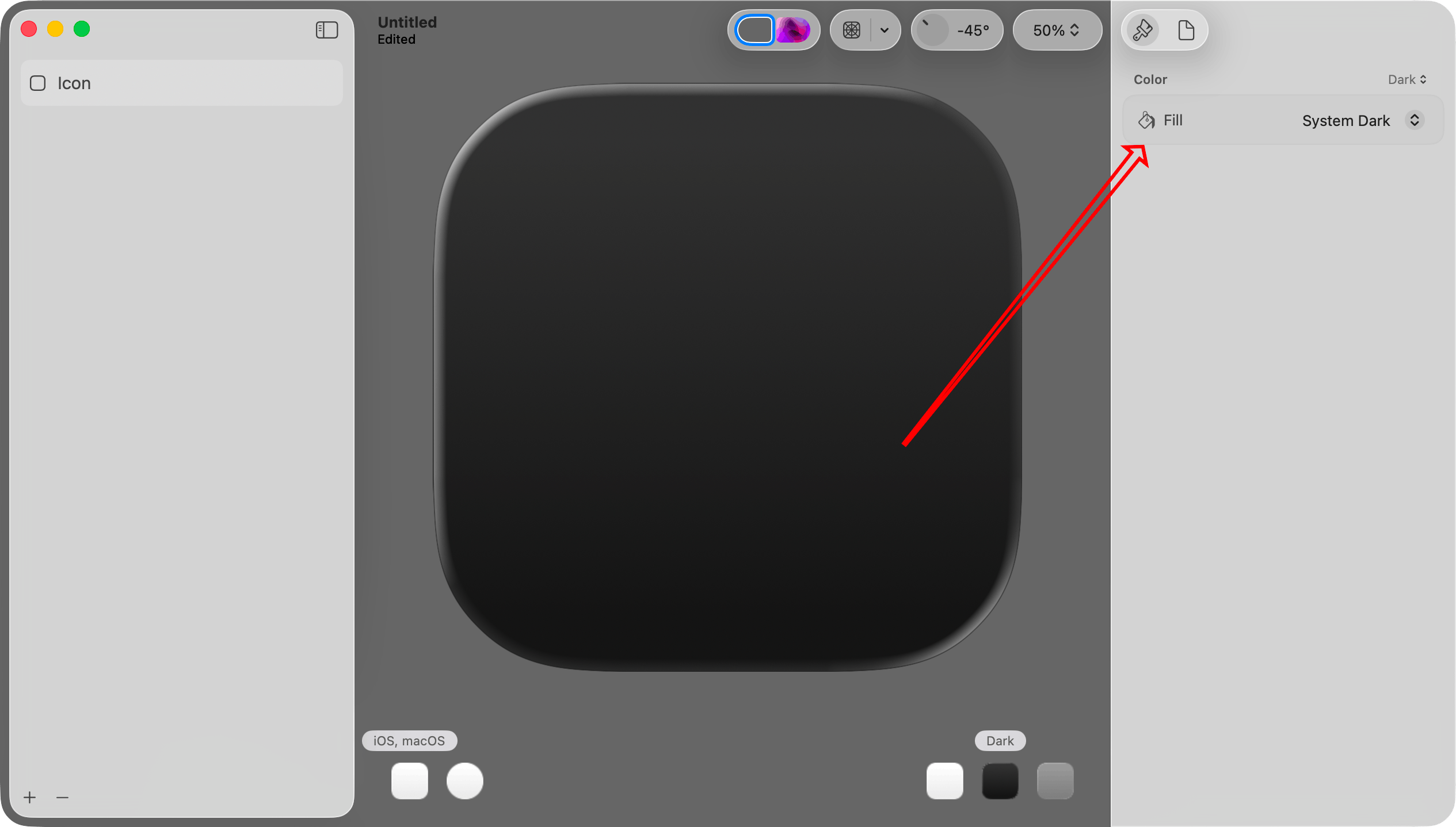 Points to the Color picker at the top right portion of the inspector pane on the right.