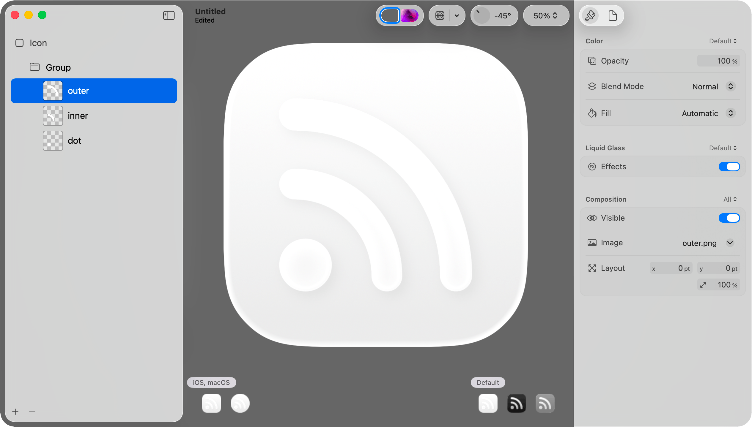 The window shows the layers added to the icon. In the sidebar there is a Group with the three layers. In the content pane the icon has the shapes of Unread’s icon with a white foreground color.