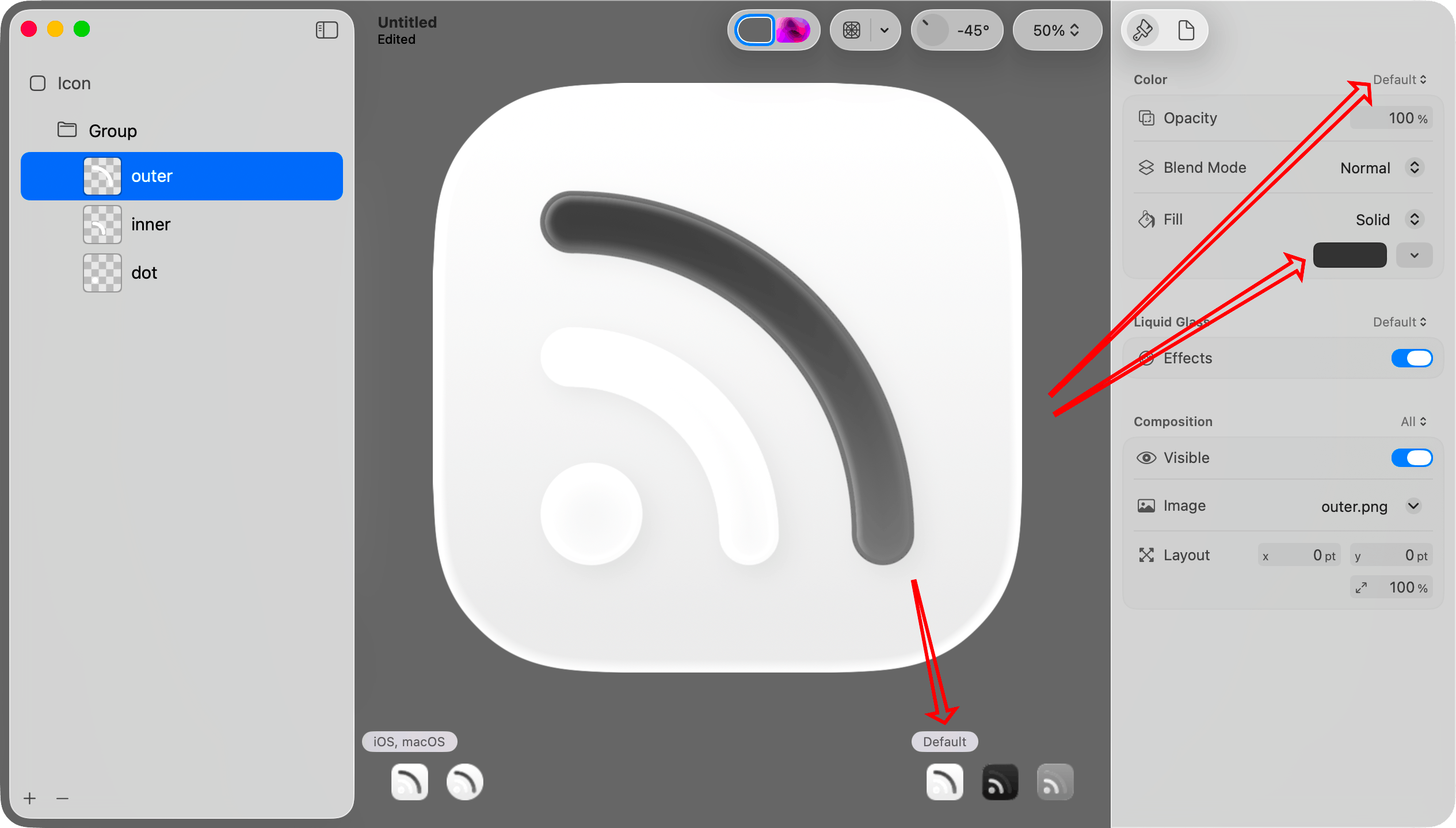 Points to the Default icon in the lower right portion of the canvas. Also points to the Color picker and the Fill picker in the inspector pane for a layer for the default (light mode) icon.