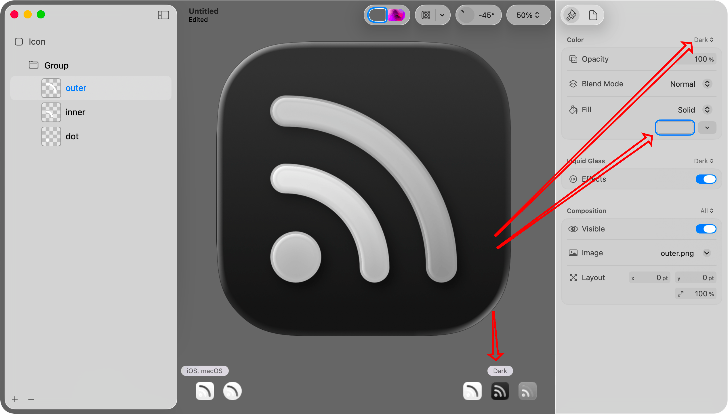 Points to the Dark mode icon in the lower right portion of the canvas. Also points to the Color picker and the Fill picker in the inspector pane for a layer for the dark mode icon.