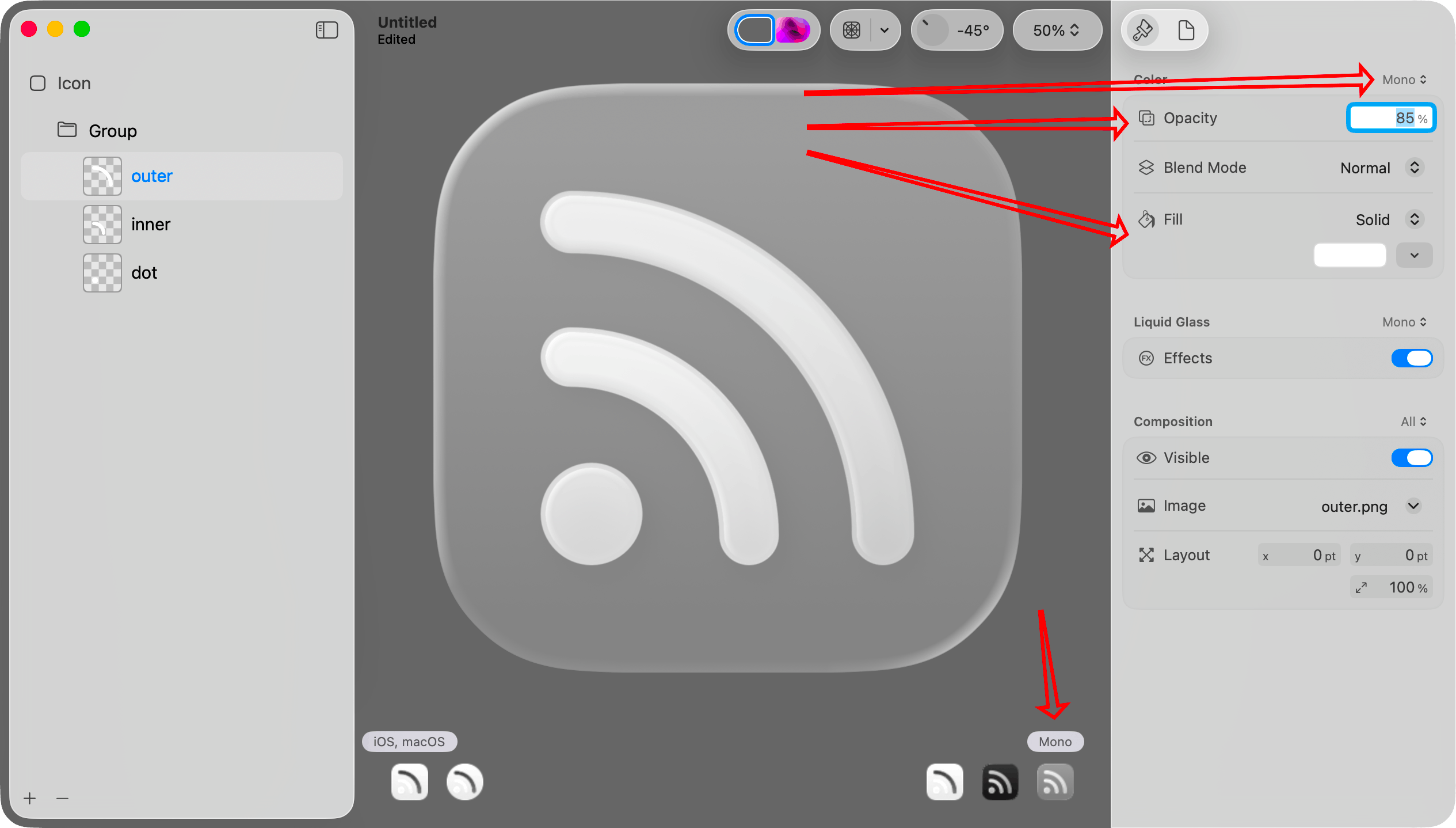 Points to the Mono icon in the lower right portion of the canvas. Also points to the Color picker and the Fill picker in the inspector pane for a layer.
