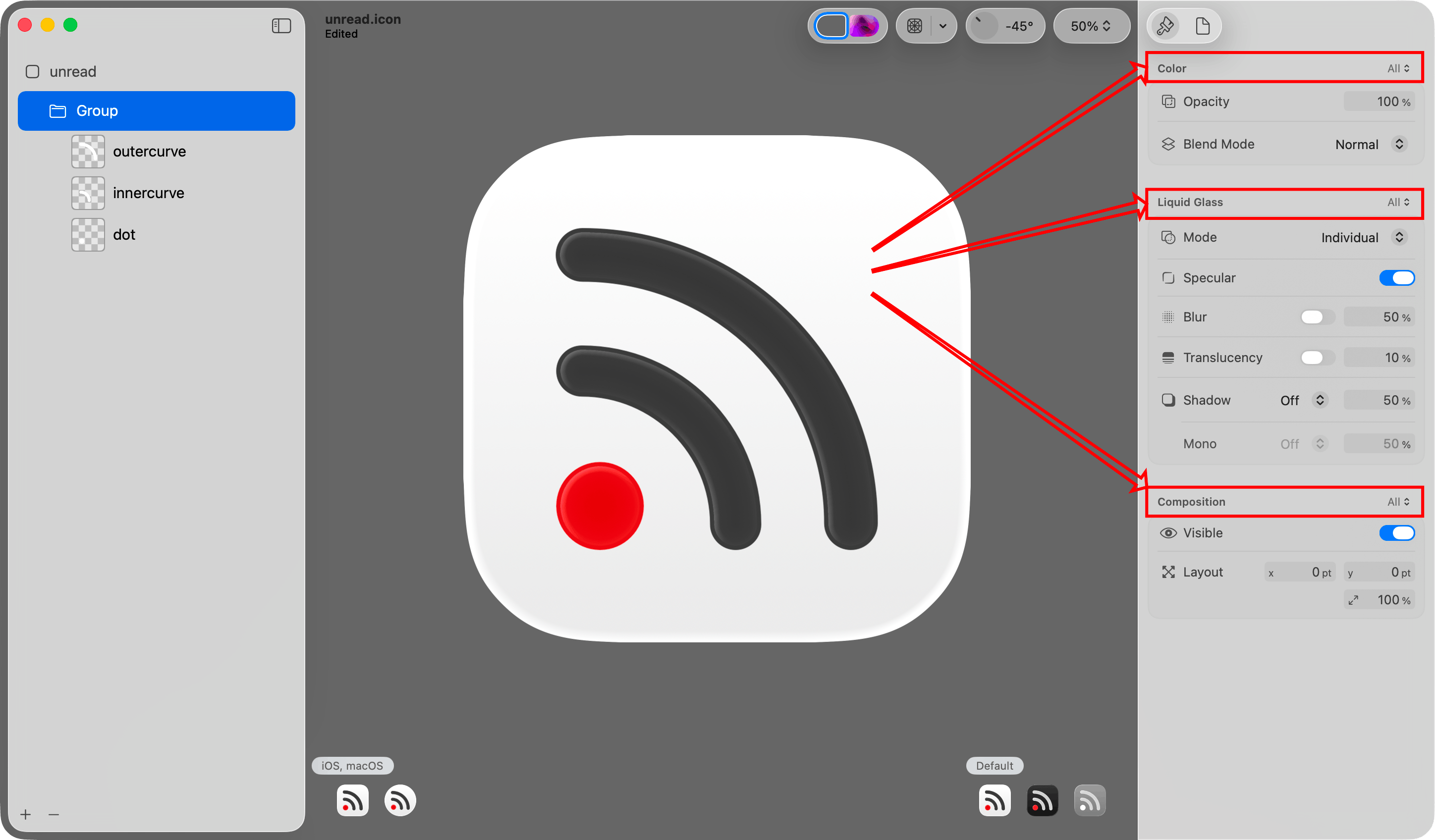 A group of layers is selected in the sidebar. Arrows point to a Color picker, a Liquid Glass picker, and a Composition picker. Each of the three pickers is in the inspector pane on the right. Since the Default (light mode) icon is chosen, each picker lets you choose between All and Default.