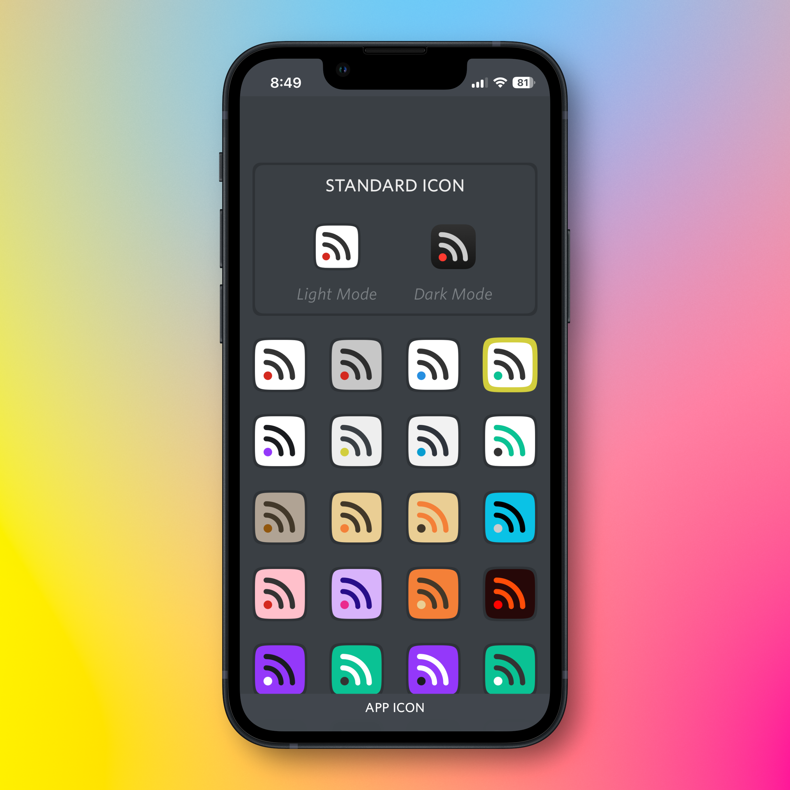Unread screen on iPhone letting the customer choose between the default icon (with a light mode and dark mode version) and between 1 of 32 custom icons.