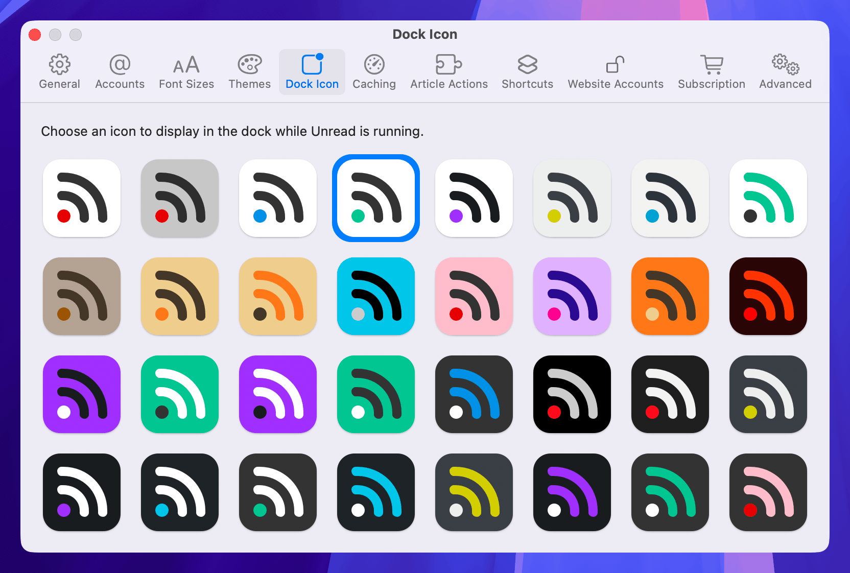 Unread settings window on Mac letting the customer choose 1 of 32 different icons.